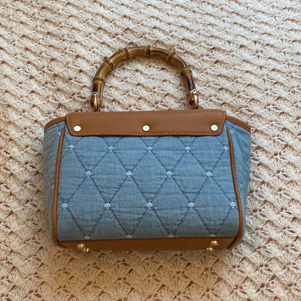 J.McLaughlin blue and tan handbag with bamboo handle and striped interior - Picture 2 of 7
